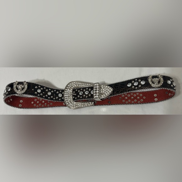 Genuine Leather Bling Western Belt S/M Rhinestone Buckle Bull Horseshoe Conchos - Picture 6 of 7